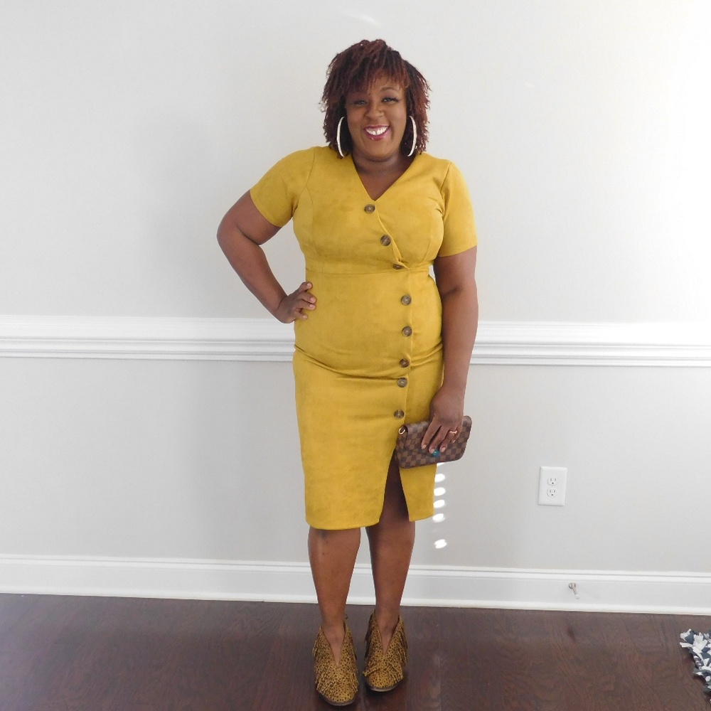 faux suede plus side body con dress-mustard